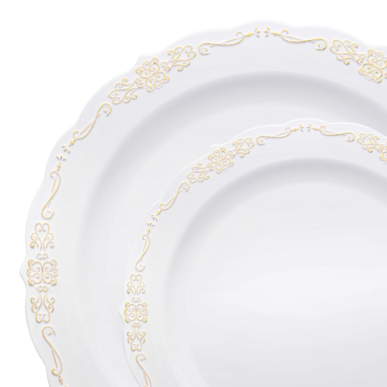 White with Gold Vintage Rim Round Disposable Plastic Dinnerware Value Set (120 Guests)